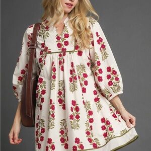Umgee Floral White and Red Dress Perfect for Thanksgiving!